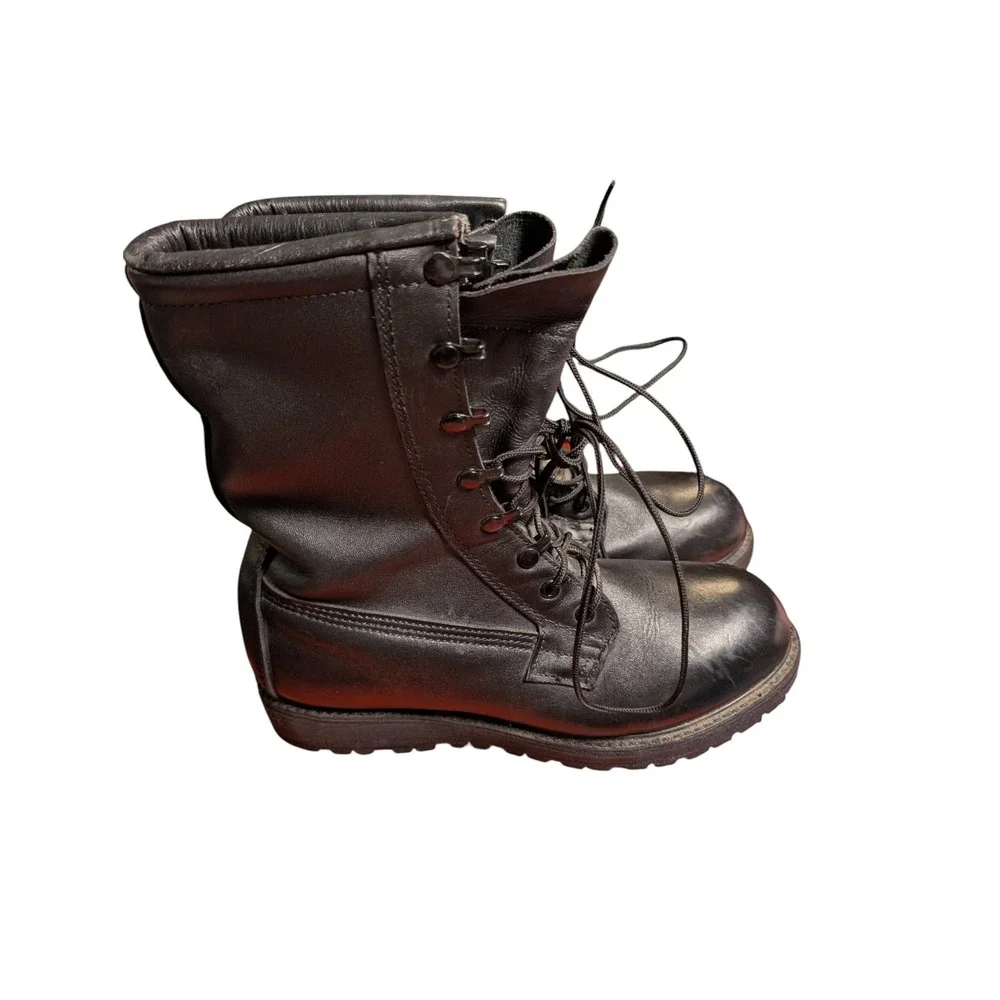 Mens Black Leather Military Combat Boots Vibram Lug Sole Lace Up Size 8.5 R